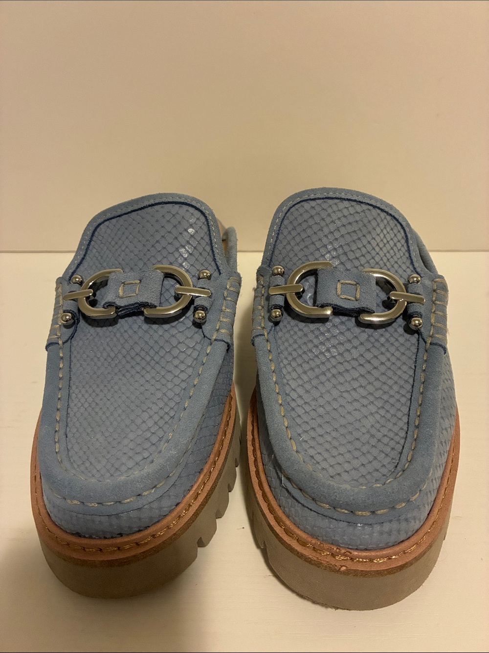 Donald J. Pliner Light Blue Leather Mule Loafers with Silver Hardware